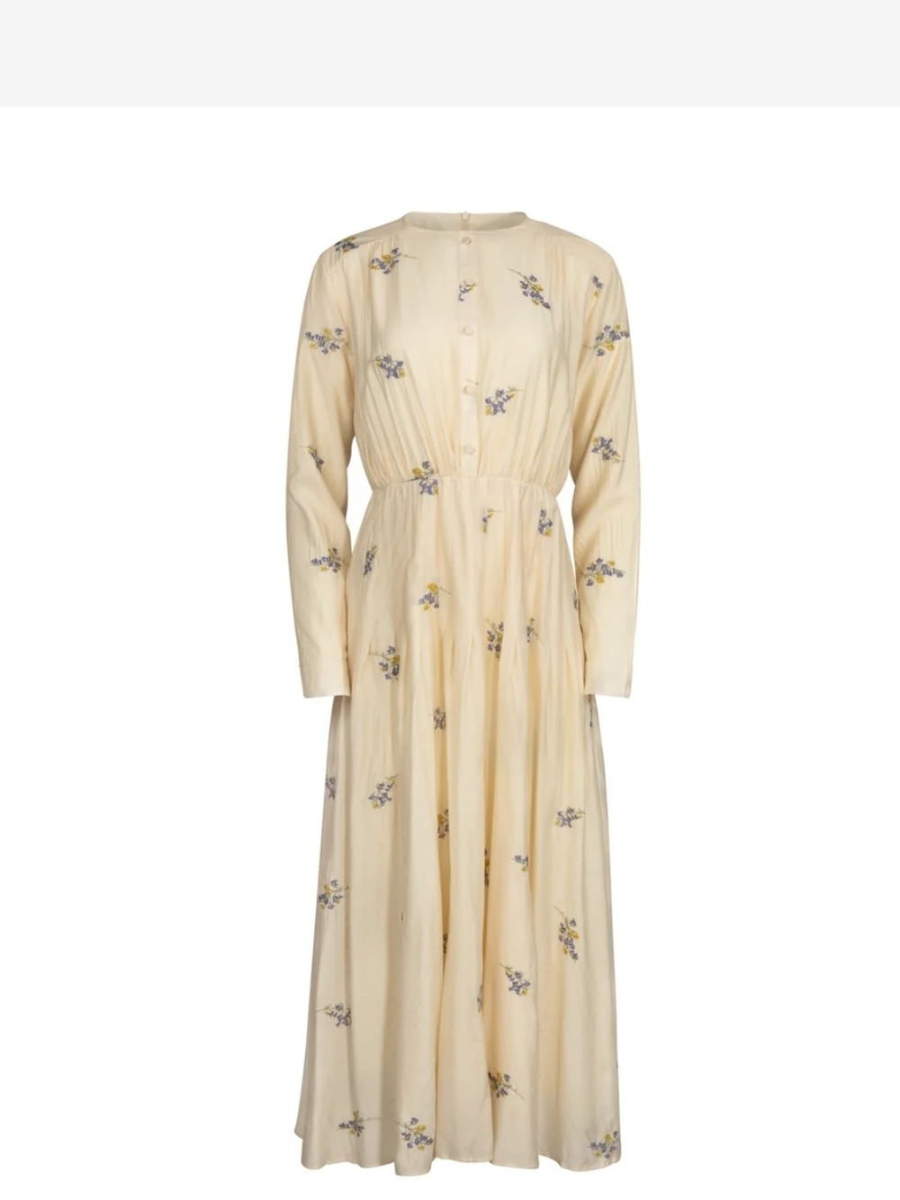 Long Cream Floral Button-Front Maxi Dress Scattered Embroidery